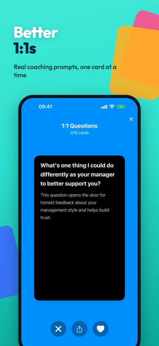 EngMan screenshot: 1:1 Questions. A real card for your next one-on-one