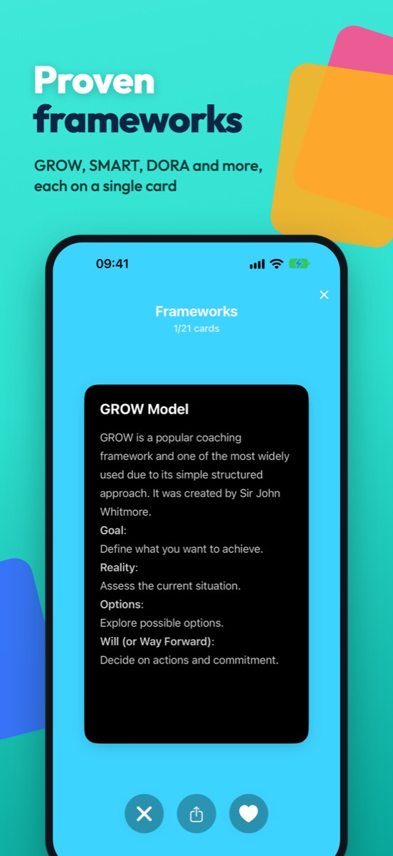 EngMan screenshot: Frameworks. GROW, SMART, DORA and more on a single card