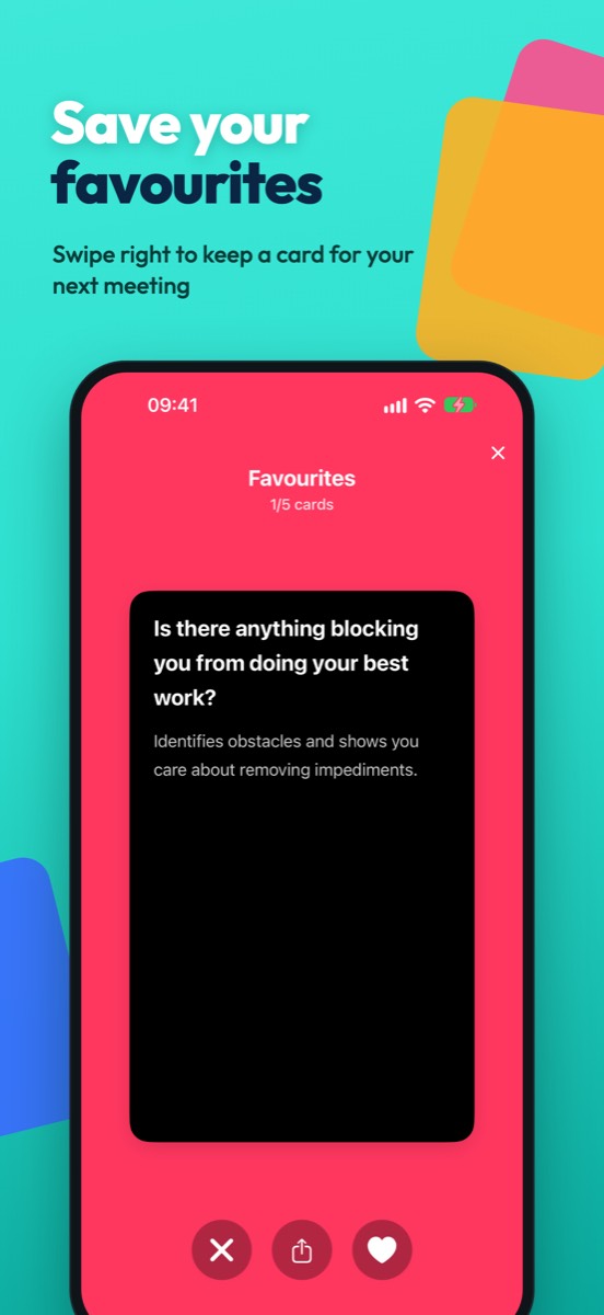 EngMan screenshot: Favourites. Swipe right to save, revisit before a meeting